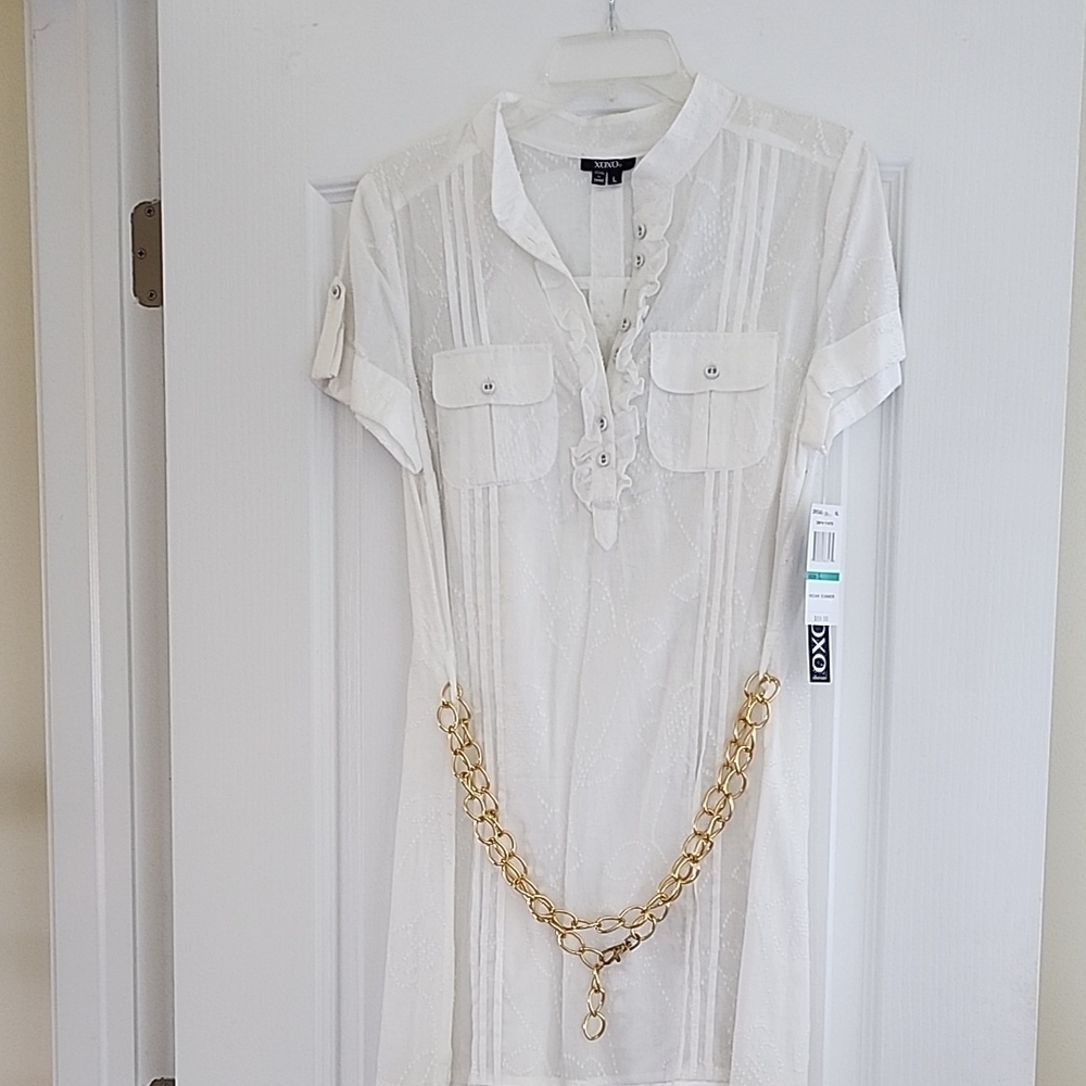 White Short Sleeve Dress with Gold Chain